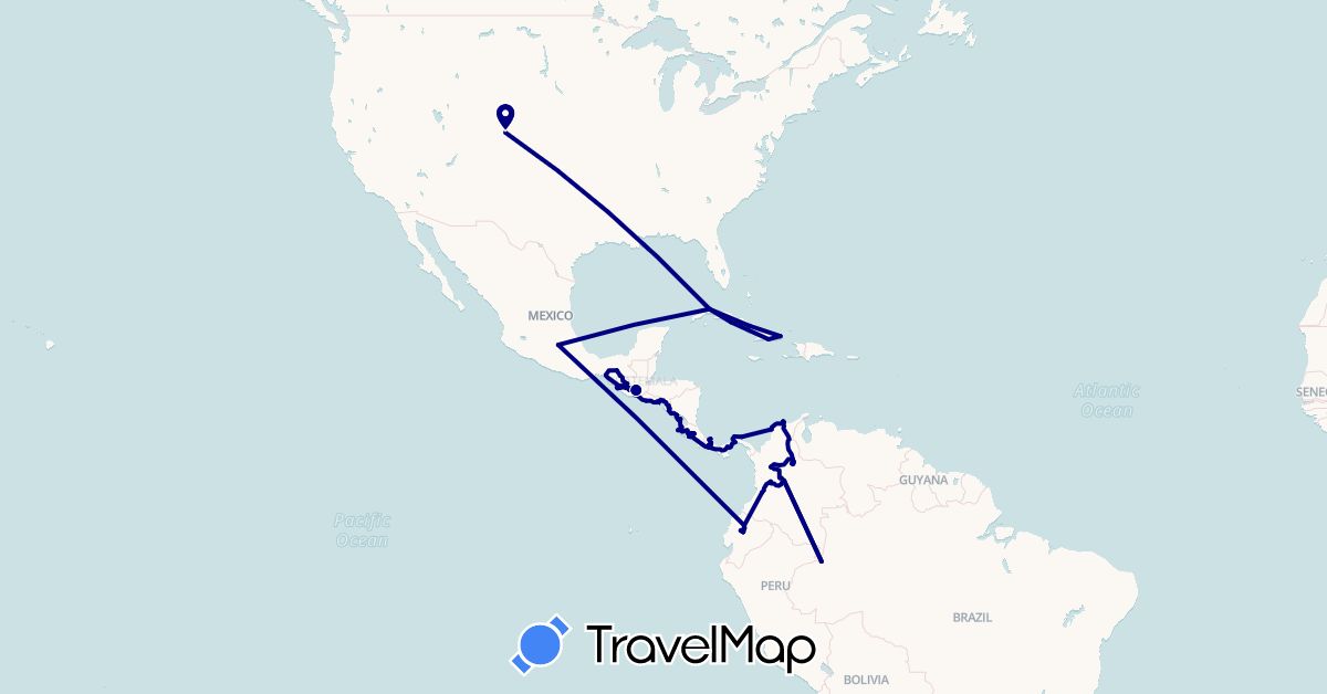 TravelMap itinerary: driving in Colombia, Costa Rica, Cuba, Ecuador, Guatemala, Mexico, Nicaragua, Panama, El Salvador, United States (North America, South America)